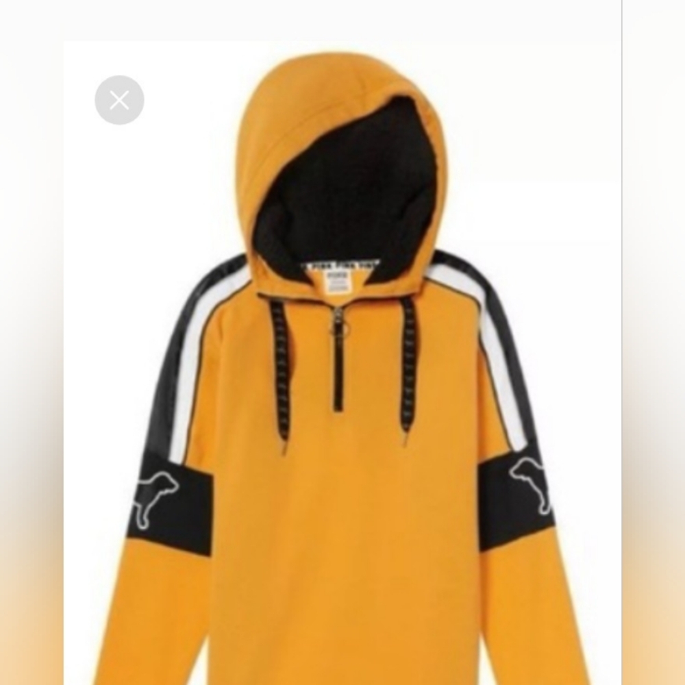 PINK VS Satin Dog Fleece Lined Hood Quarter Zip Up Sherpa Hoodie Gold, Blk/White - Picture 5 of 5